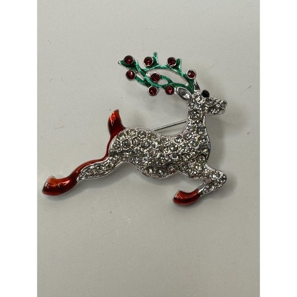 Reindeer Brooch Pin Vintage Christmas Jewelry Unsigned Rhinestones Holly Antlers - Picture 2 of 4